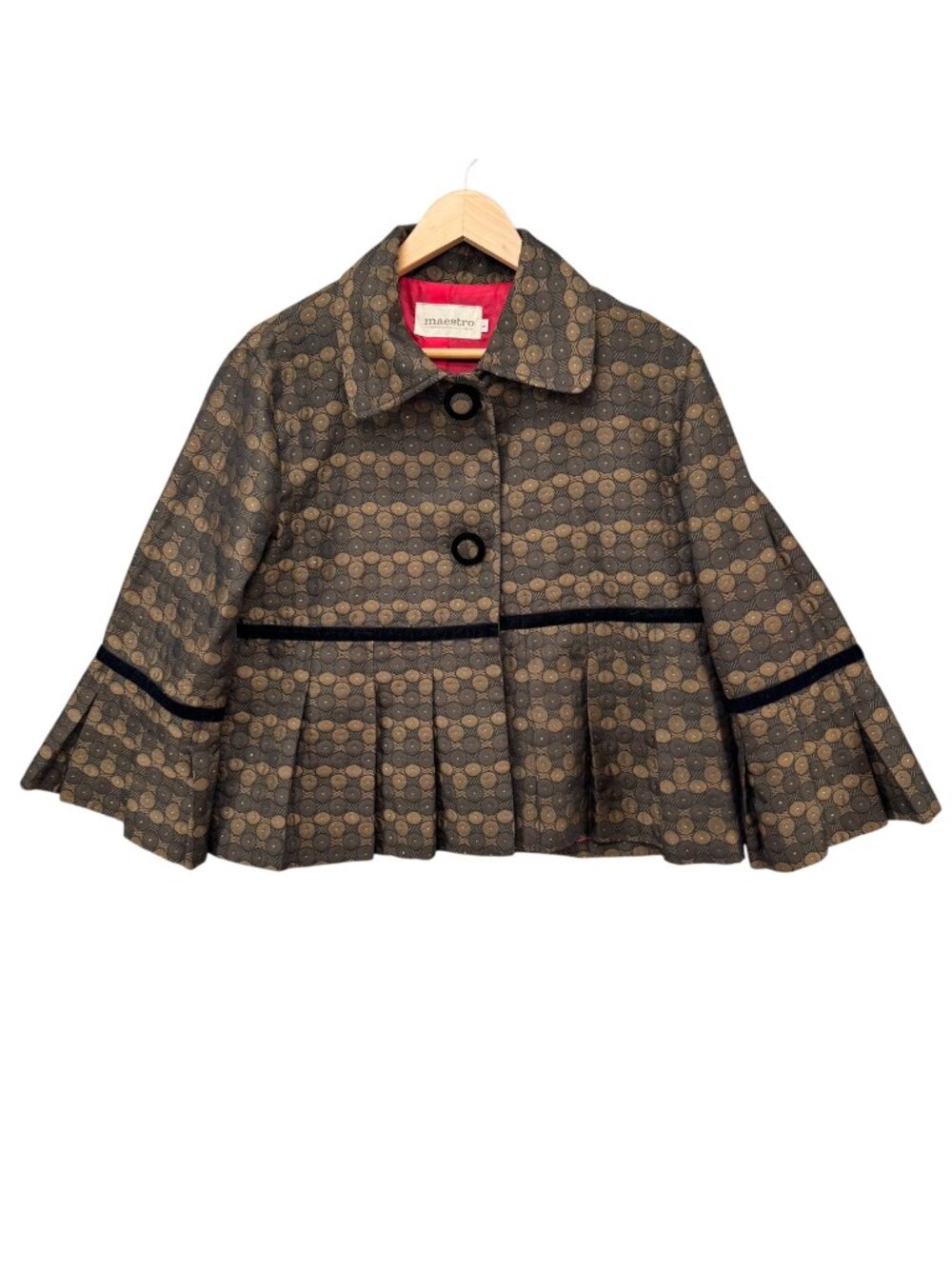 Maestro Jacquard Pleated Jacket Womens Brown Cropped Bell Sleeve Blazer Size L